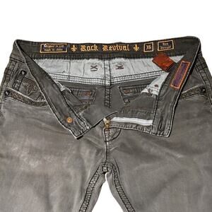 ROCK REVIVAL Gray Ben Straight Leather Detail Jeans Mens 36 Rebel Biker 90's